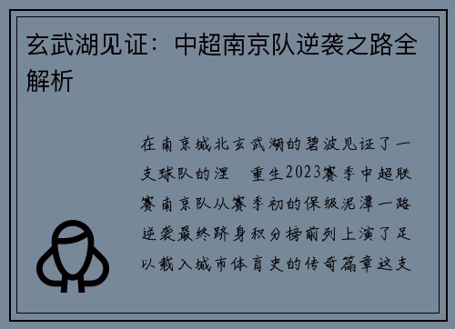 玄武湖见证：中超南京队逆袭之路全解析