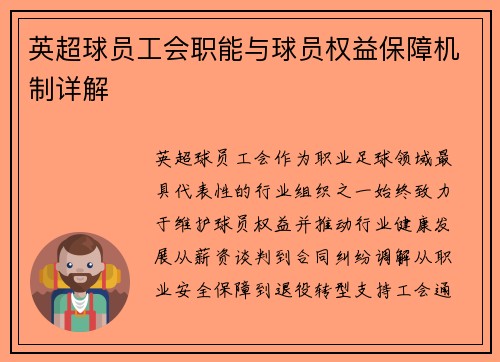 英超球员工会职能与球员权益保障机制详解