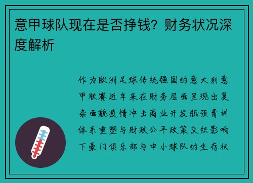 意甲球队现在是否挣钱？财务状况深度解析